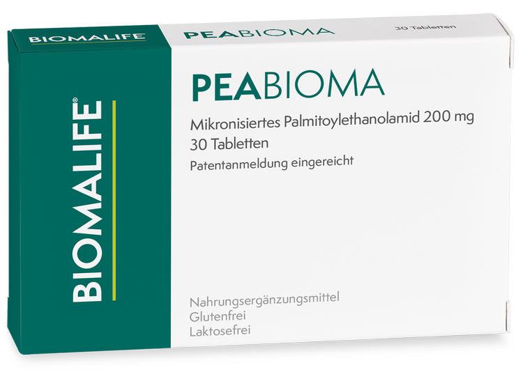 Produktverpackung von PEAbioma von Biomalife, ein Nahrungsergänzungsmittel.