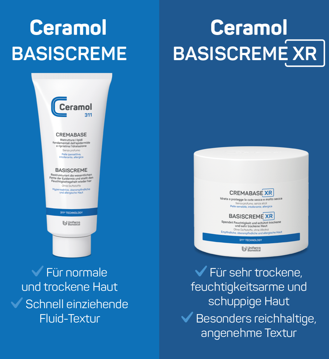 CERAMOL 311 Basiscreme & XR – Pflegevergleich für trockene Haut